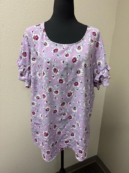Lane Bryant Floral Blouse Ruffle Sleeve Purple Top Plus 22 Boho Spring Chic - Picture 2 of 10
